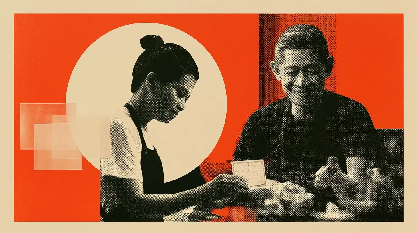 Café worker in Kuala Lumpur showing a food handling certificate to a smiling floor manager before a busy shift