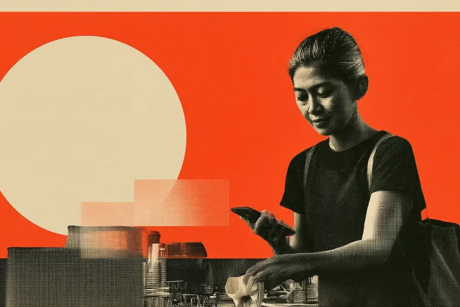 Kuala Lumpur café barista smiles at her phone after receiving shift pay, then leaves confidently after work.