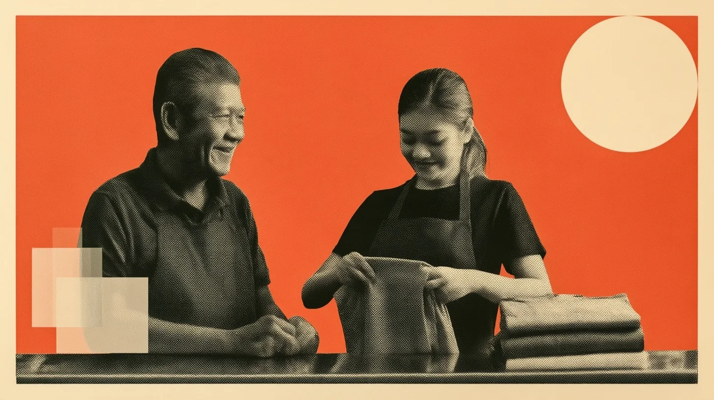 A relieved shop owner and a temporary worker folding clothes together, in orange and charcoal T05 halftone artwork.