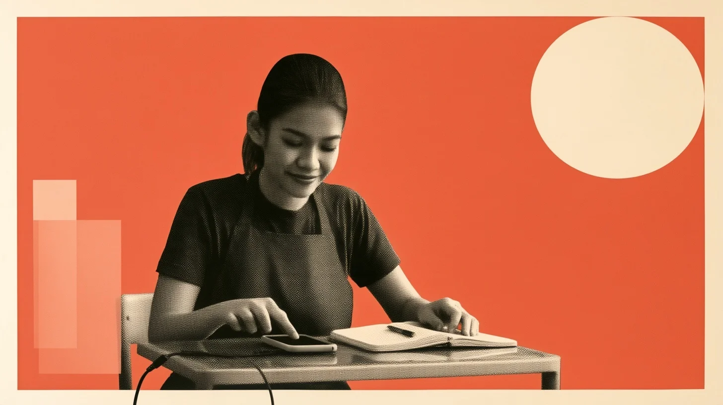 A focused worker checking her phone beside an open notebook at a clear desk, in orange and charcoal T05 halftone artwork.