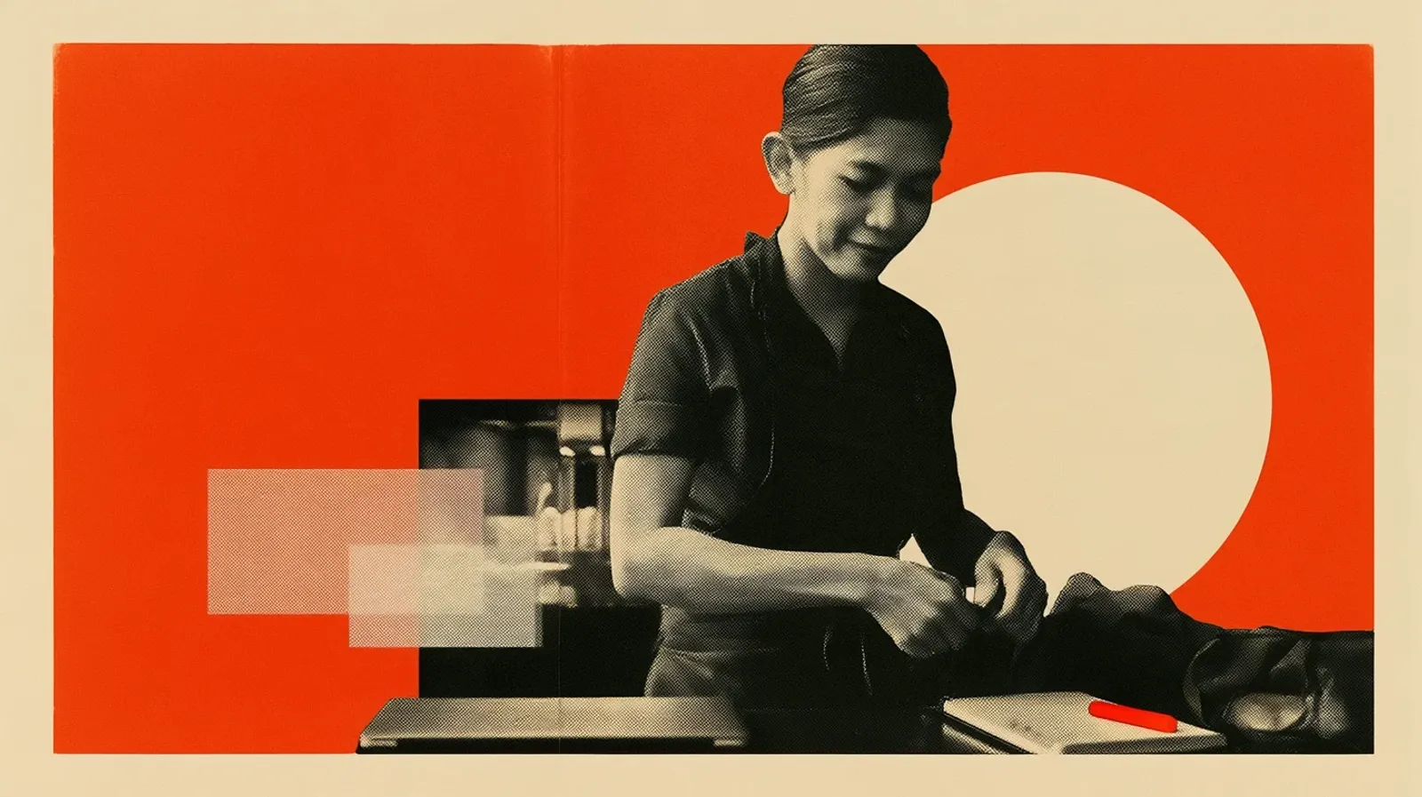 Malaysian woman tying a dark café apron beside a laptop and notebook against an orange field and cream disc.