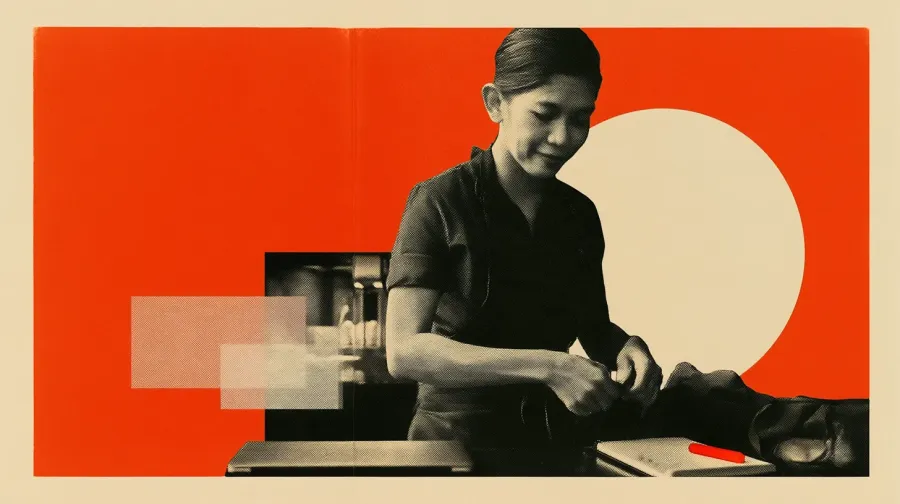 Malaysian woman tying a dark café apron beside a laptop and notebook against an orange field and cream disc.