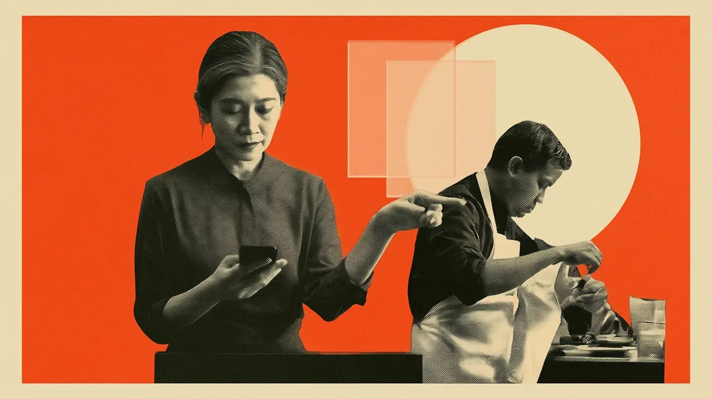 Malaysian restaurant floor manager points while holding a phone as a relief worker prepares at the station during a Friday dinner no-show.