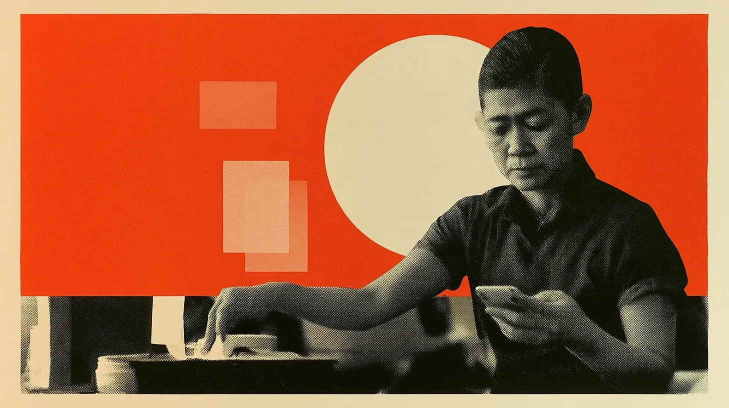 A solitary worker at a counter looks downward with a restrained, reflective expression that fits professional isolation.