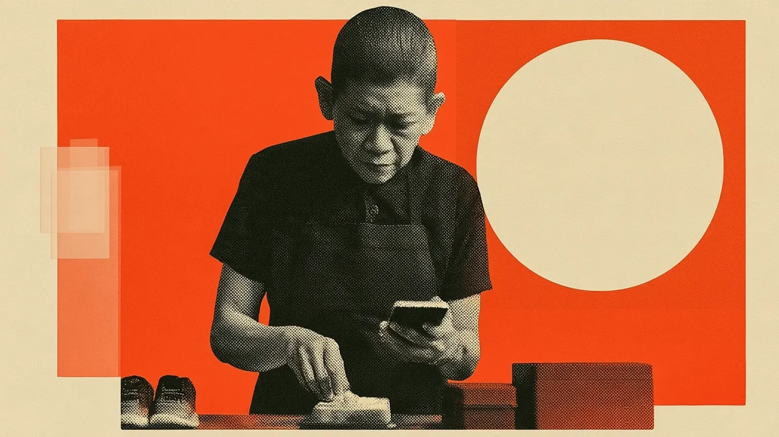 Concerned Malaysian gig-working parent in a black apron checks a phone while preparing breakfast, against an orange and cream halftone collage with a full cream circle and overlapping translucent rectangles.