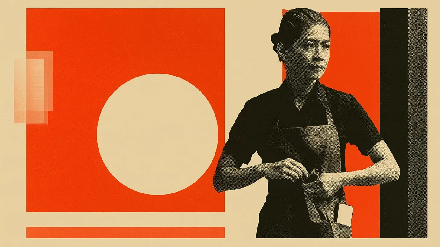 Halftone Malaysian food-and-beverage worker tightening her apron beside a cream circle and broad orange geometric fields.