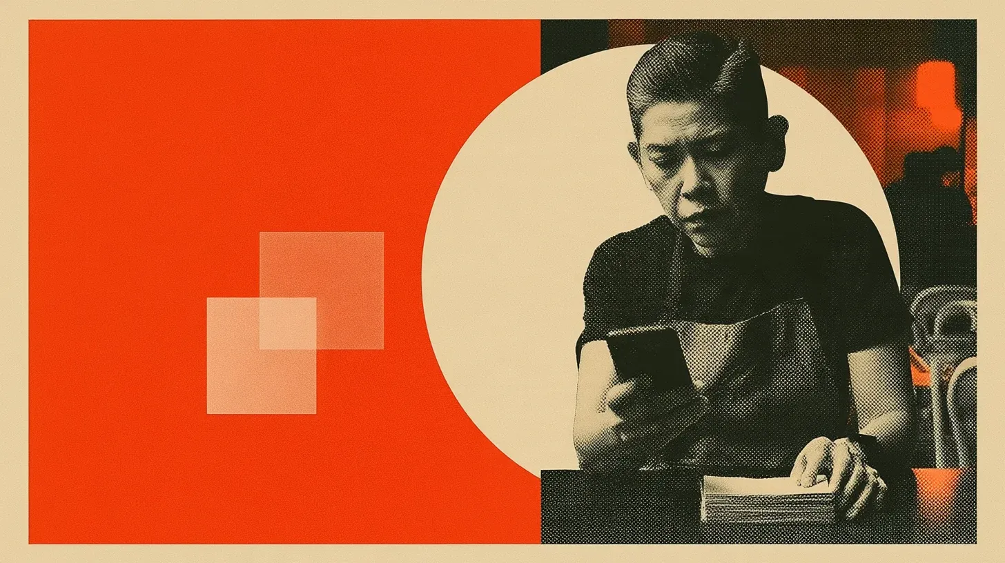 Malaysian cafe worker checking an unlit phone after a late shift in an orange and cream halftone editorial collage.