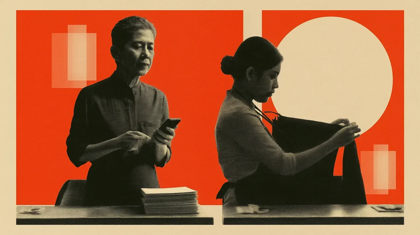 Two Malaysian restaurant workers prepare for service, one holding a phone beside stacked menus and the other adjusting a black apron, in an orange and cream halftone collage.