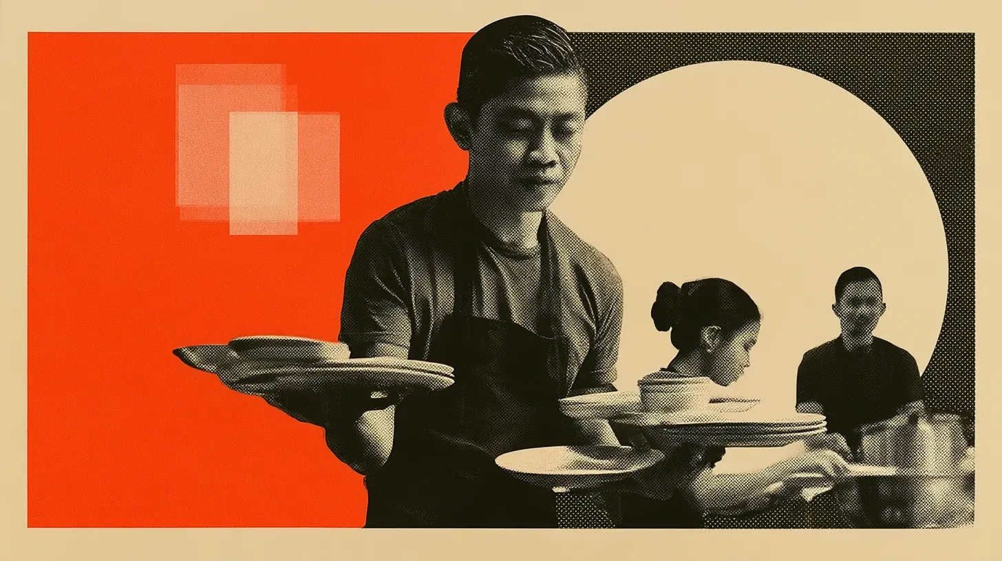 Malaysian F&B worker confidently leads a busy dinner shift while guiding a teammate and keeping service moving