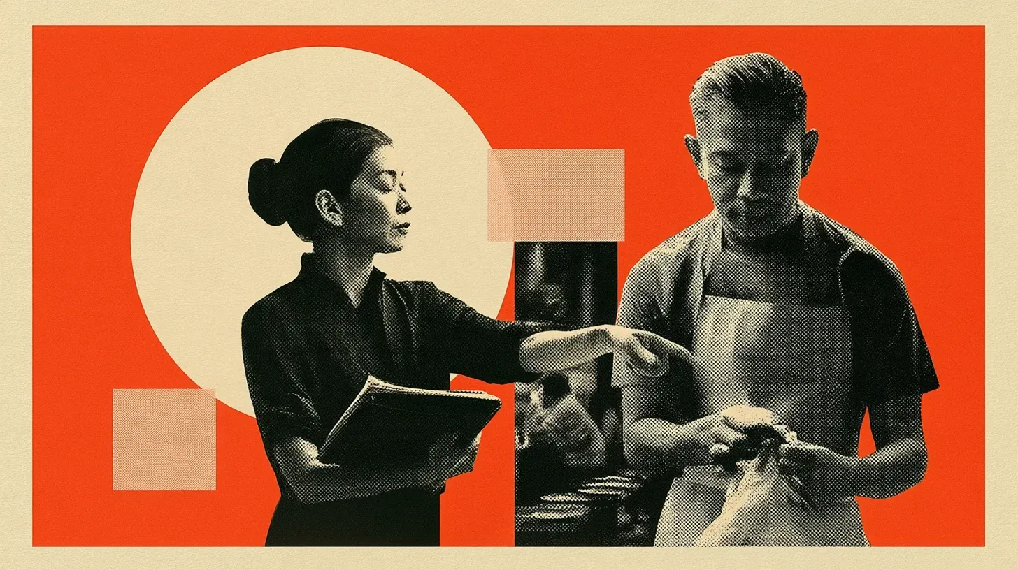 Malaysian restaurant floor manager welcoming a replacement line cook at a busy dinner service in an orange and cream halftone poster composition.