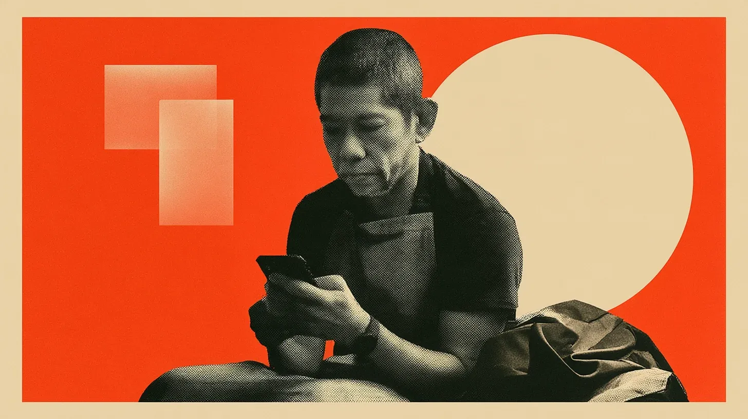 Malaysian restaurant worker checks an overdue payout after a late shift, looking worried at the bus stop.