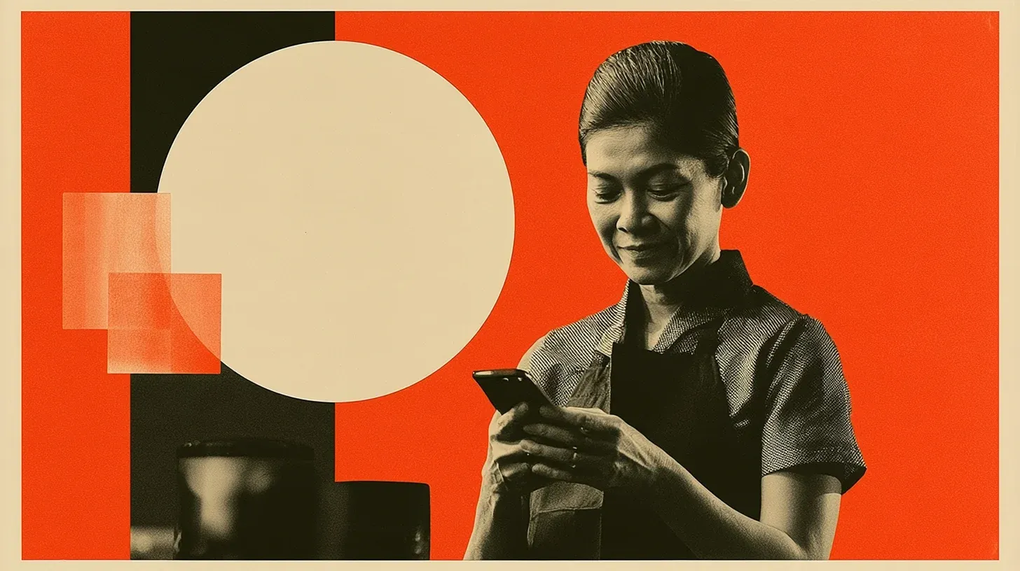 Malaysian café worker finishing a shift, checking her hours, and smiling confidently about planning her next step.