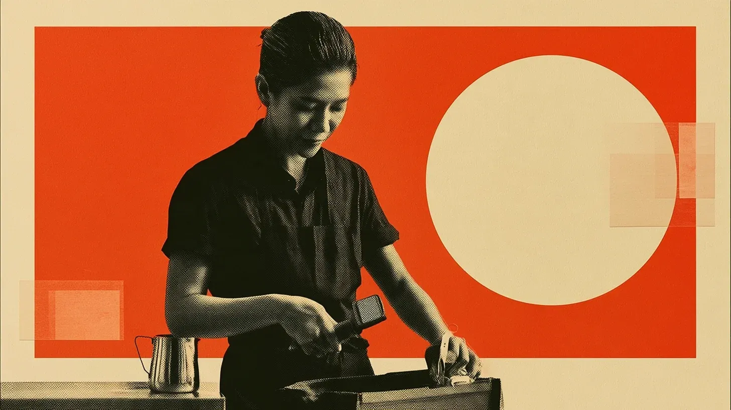 A Malaysian restaurant worker sorts a milk pitcher and barcode scanner beside an open tote against an orange and cream halftone collage.