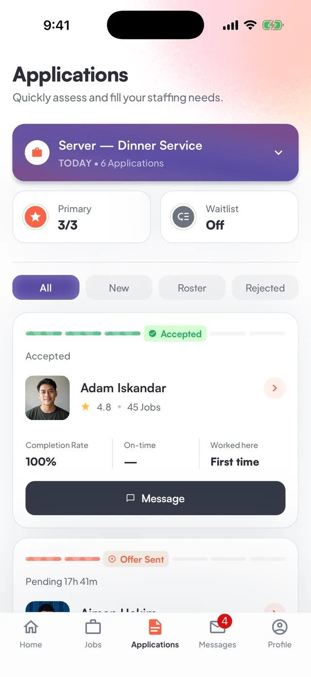 FlashJobs applicant profile showing rating, completed jobs, and completion record