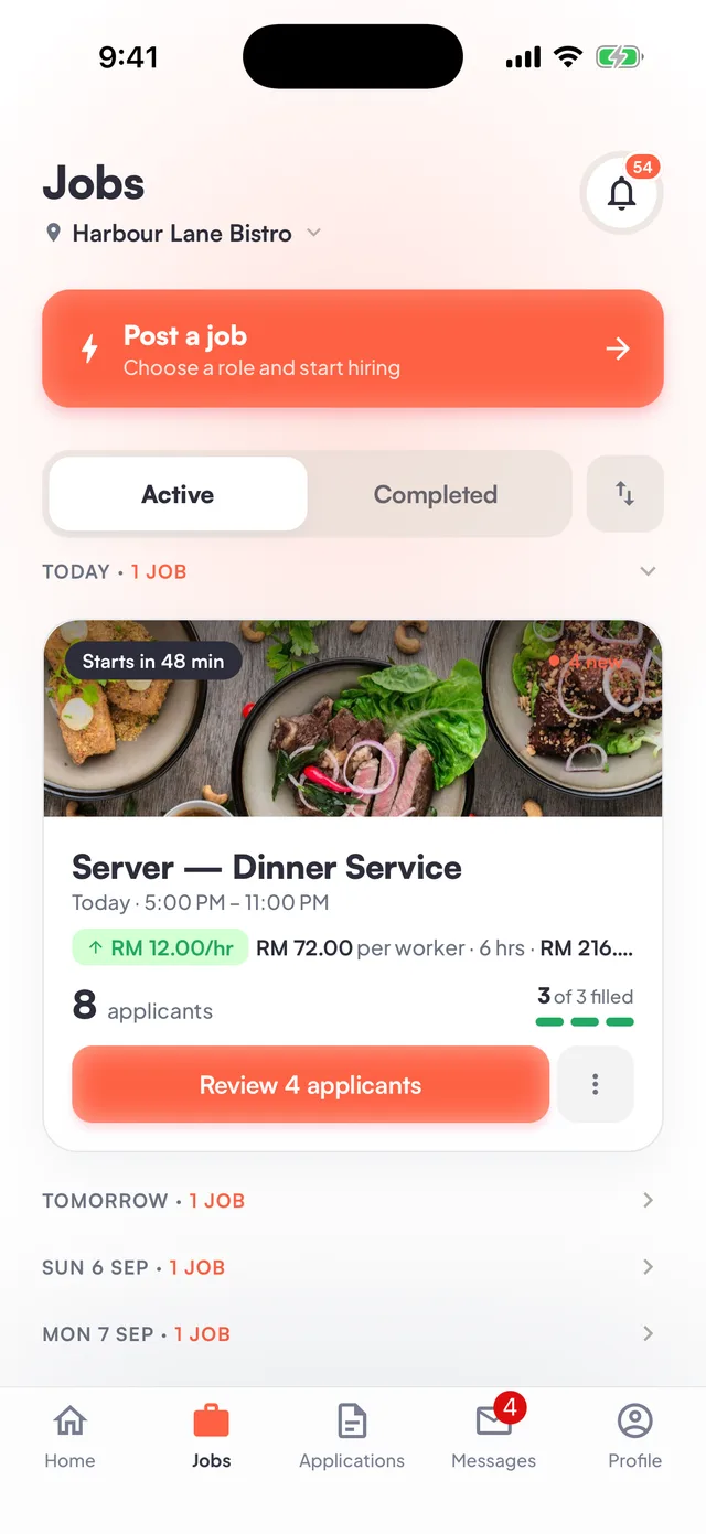 FlashJobs business app: Post a job button and an active job with applicants