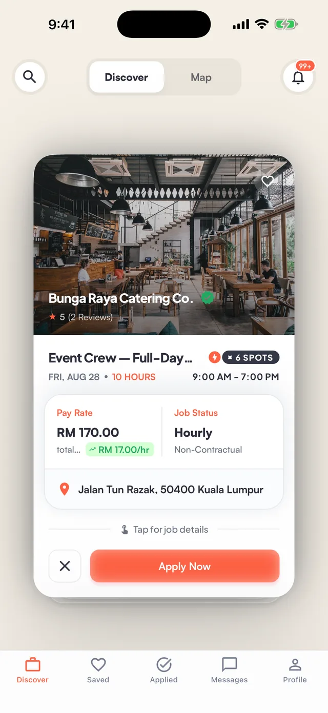 Discover screen — a job card for Bunga Raya Catering Co. showing RM 170.00 for 10 hours and an Apply Now button