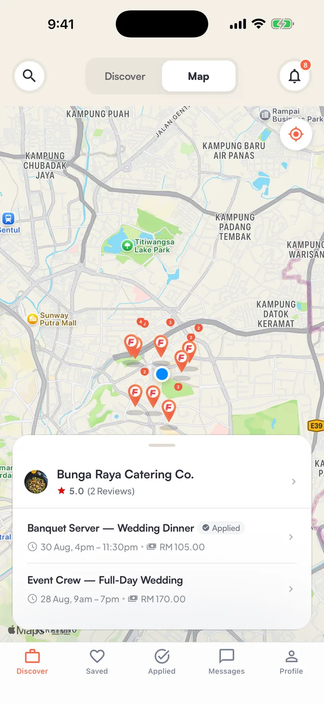 FlashJobs map with pins for open jobs near a worker in Kuala Lumpur