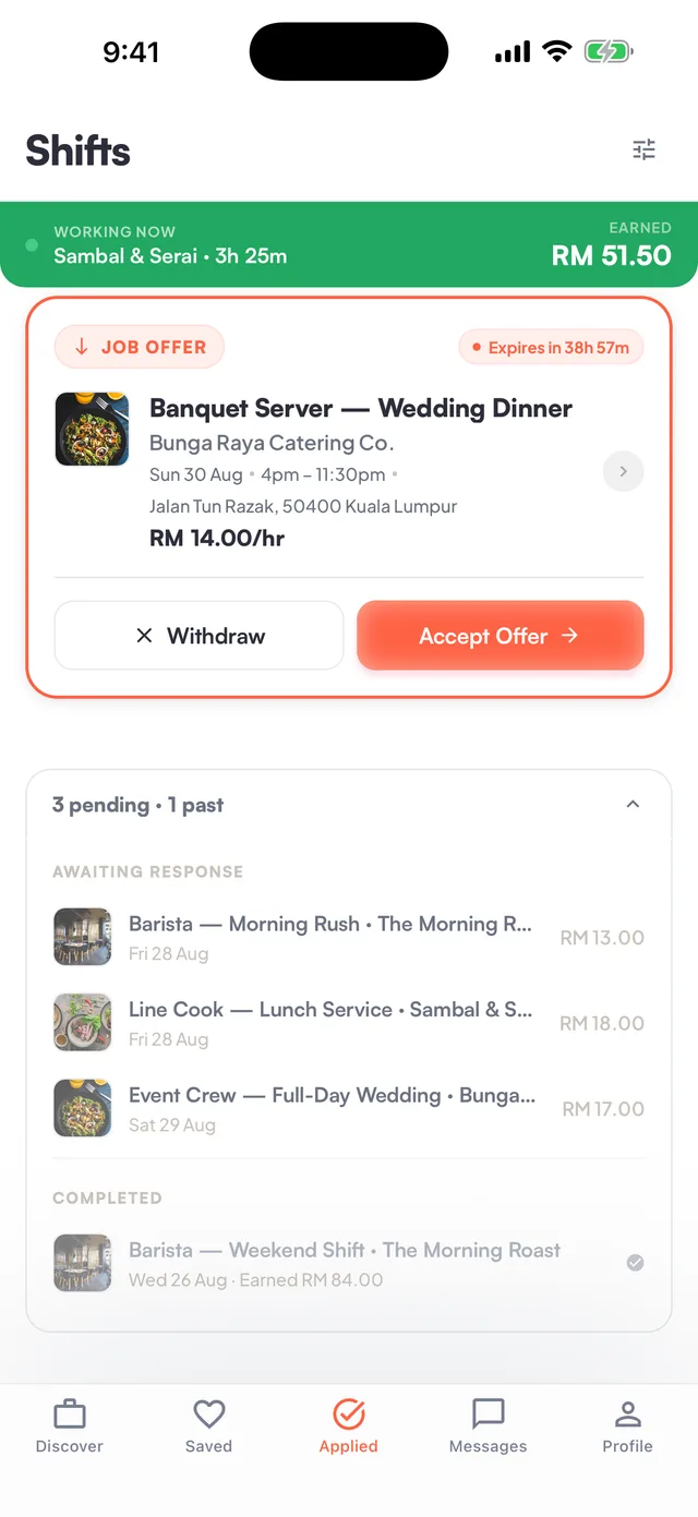 FlashJobs worker app: list of pending, confirmed and completed jobs with amounts